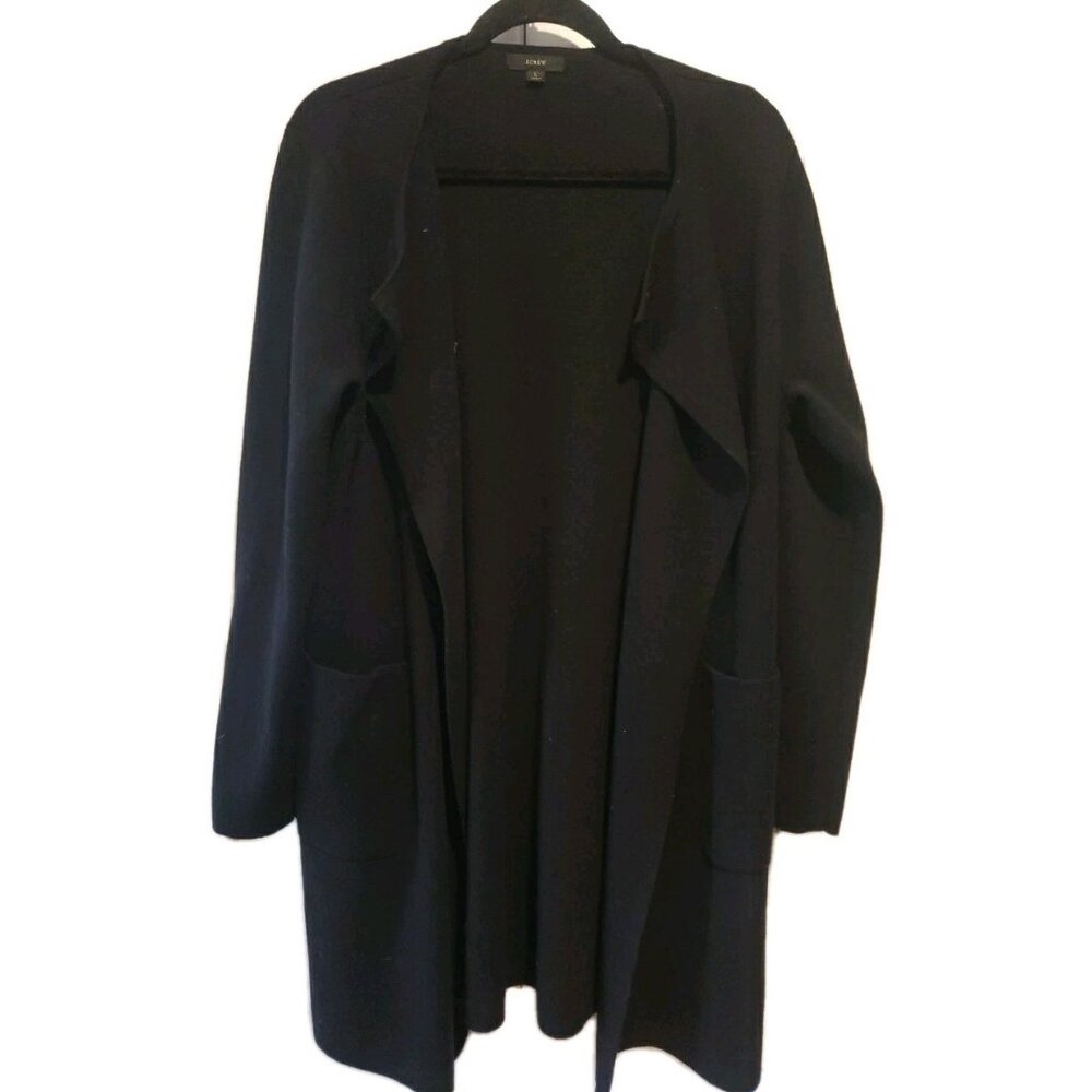 J Crew Sweater Open Cardigan Long Lagenlook Duster Black Sustainable L Merino